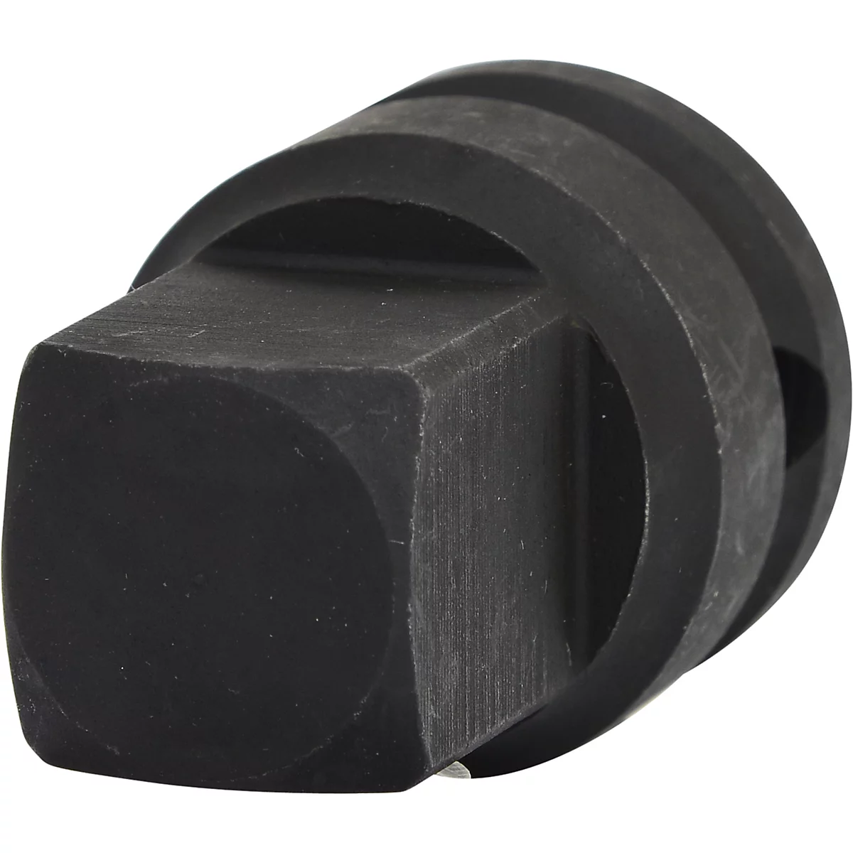 Dunkelgrauer Adapter, quadratisch vorne und rund hinten, zwei Rillen.